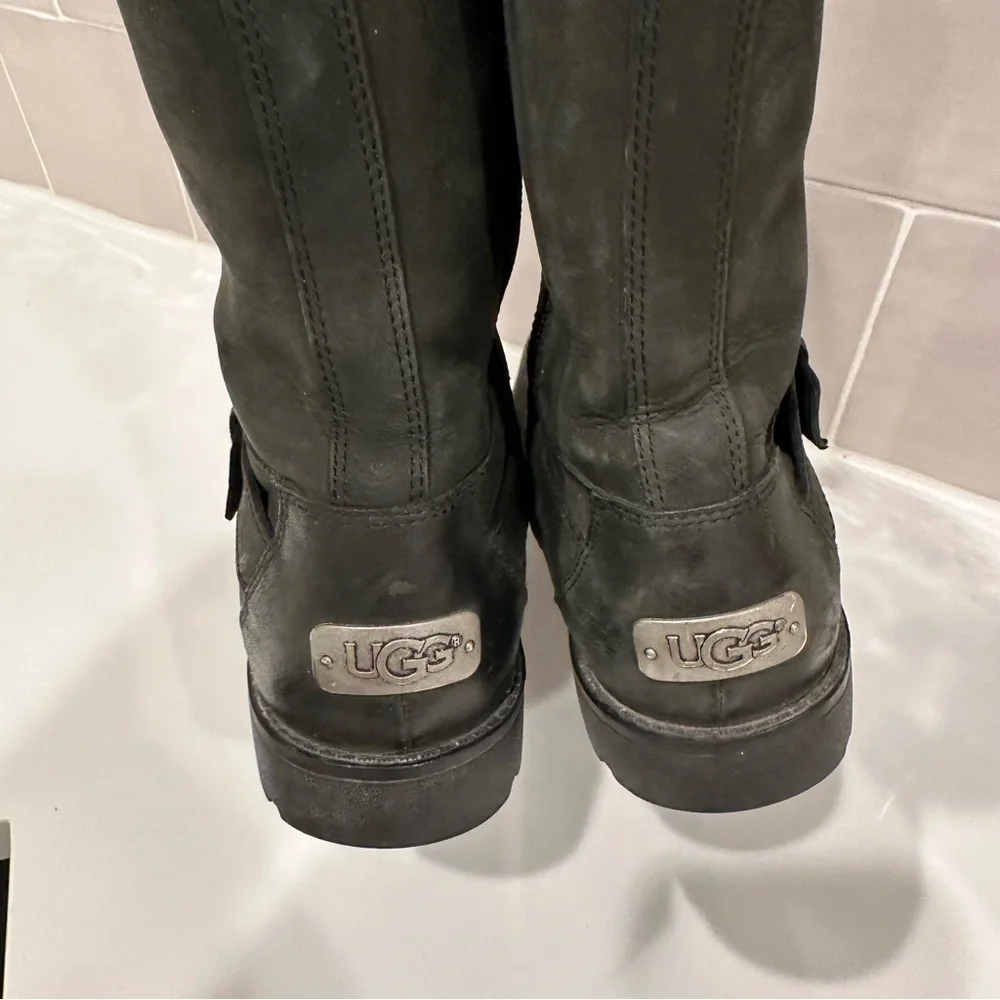 UGG Chantay Nubuck Leather Mid Calf Boots Black Size 6.5 Women’s Sheepskin Lined
